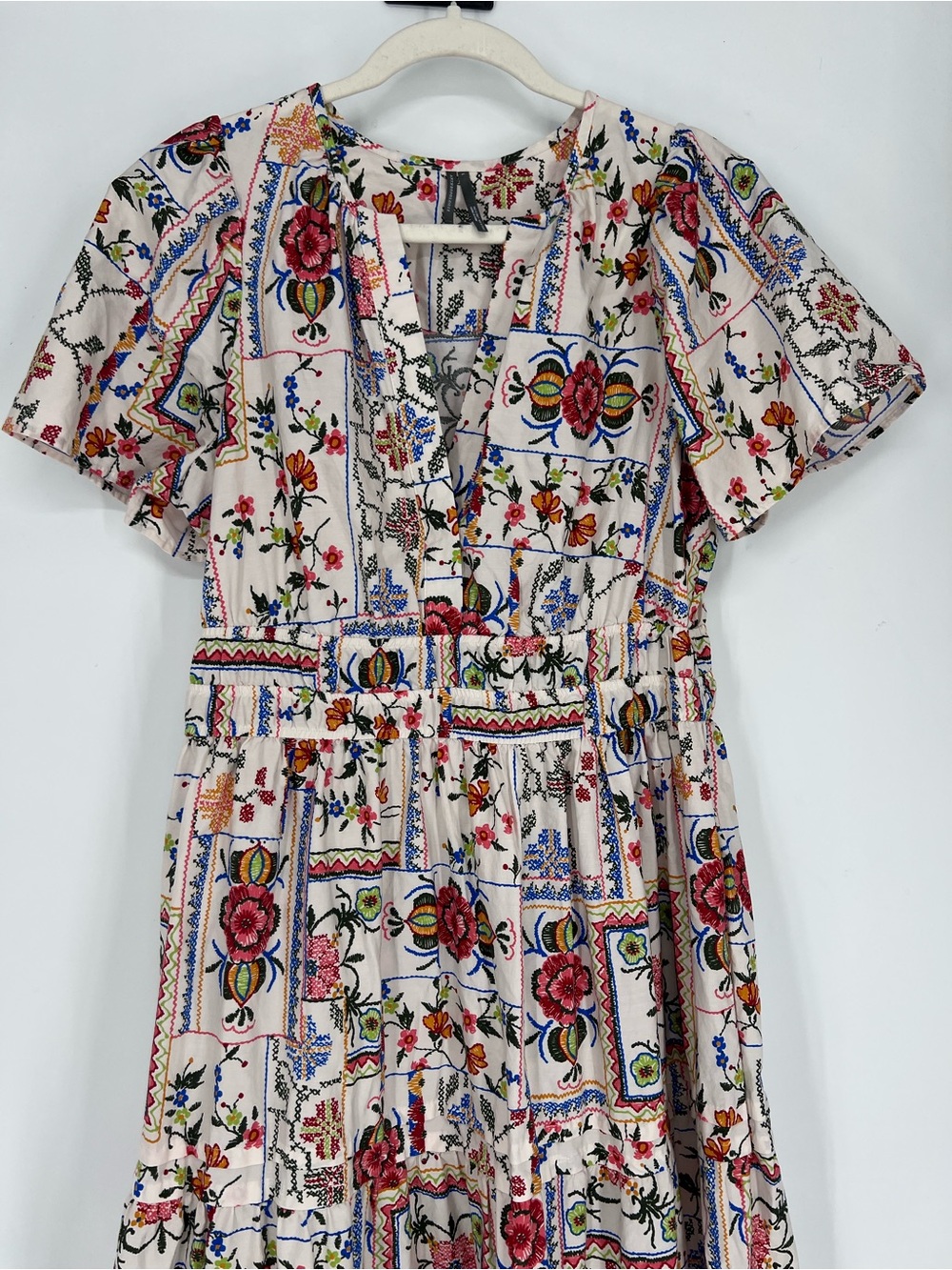 Anthropologie Somerset Printed V Neck Short Sleeve Boho Midi Dress in Oyster L - Picture 6 of 13
